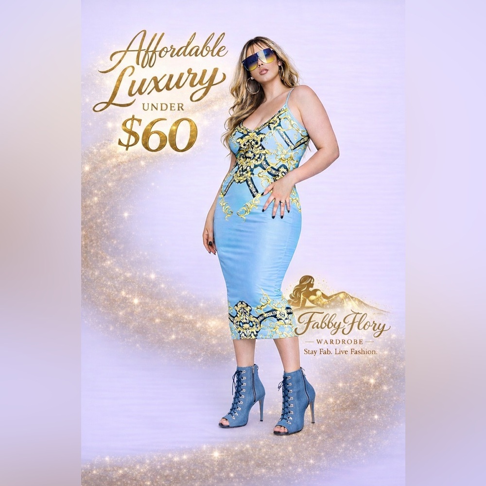 AFRM Blue Dress with Gold Baroque AMINA MESH MIDI - Picture 1 of 11